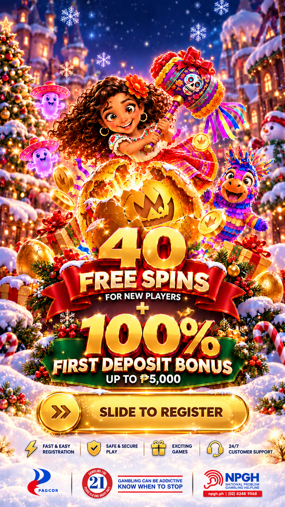 40 free spins for new players plus a 100% first deposit bonus up to ₱5,000. Slide to register. Snow-themed artwork with service icons and responsible gaming information.